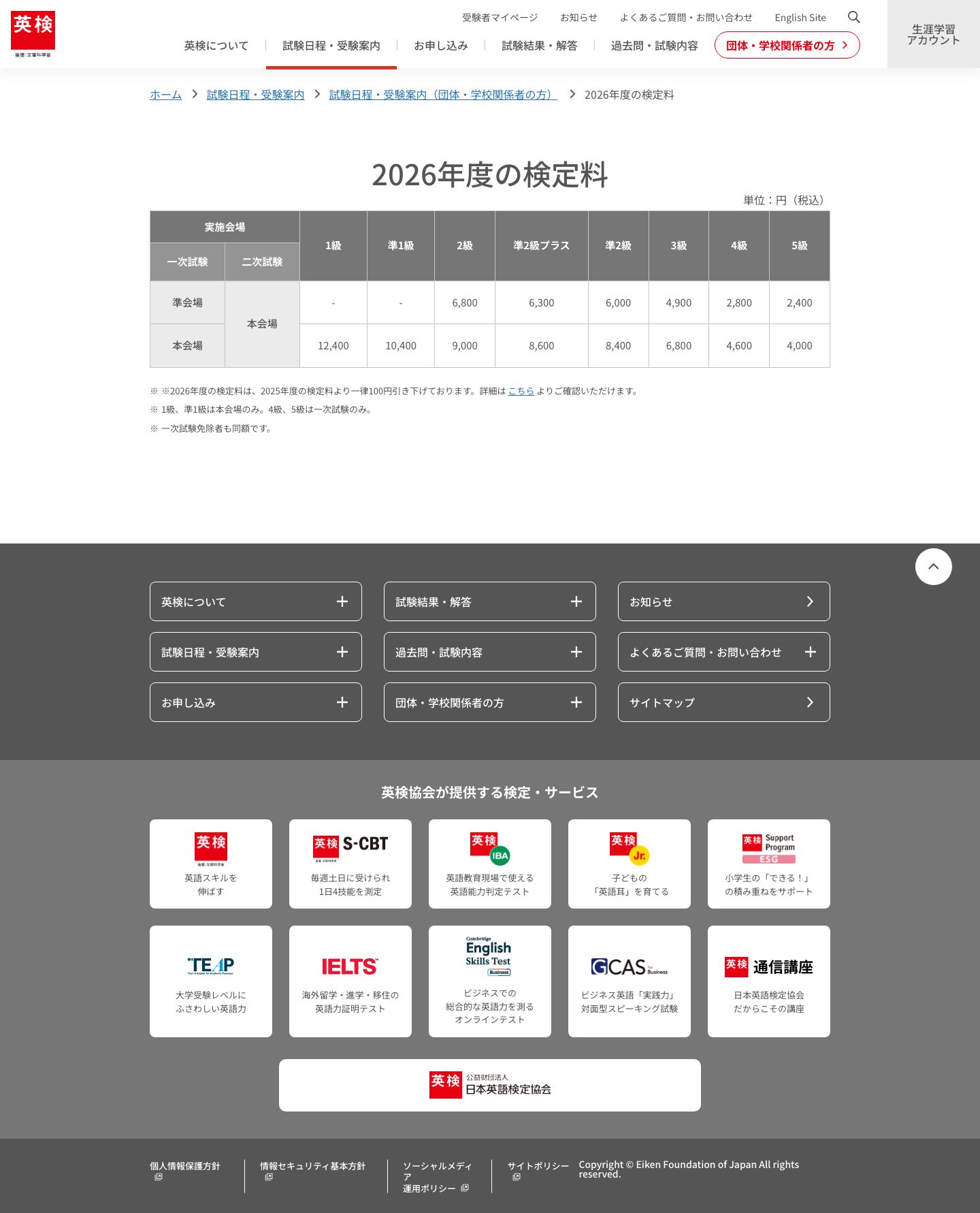 2026年度英検3級の検定料(本会場・準会場)